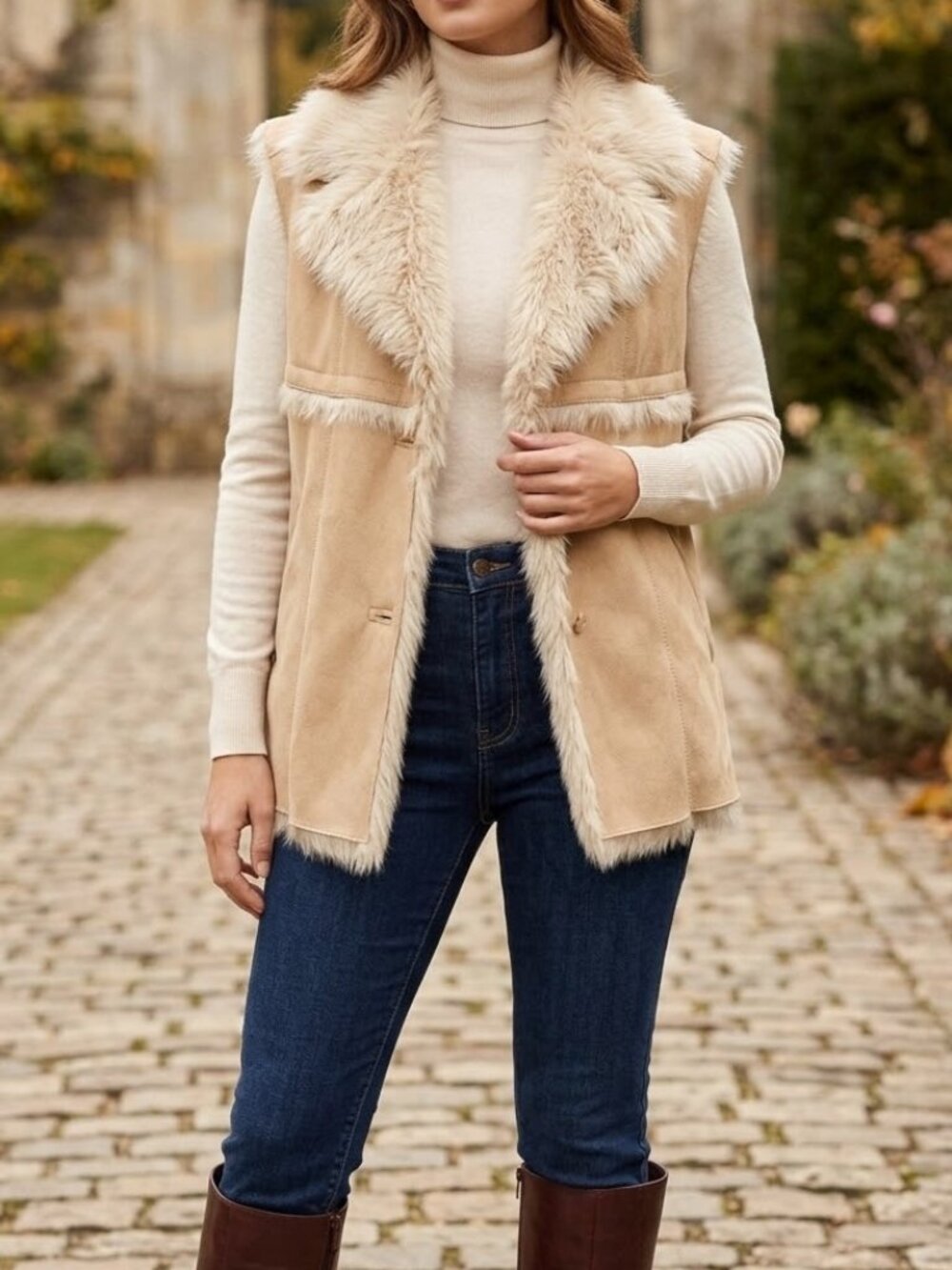 NWT Elan Faux Suede & Faux Fur Tan Vest Womens Large Cowgirl Boho MRSP $145